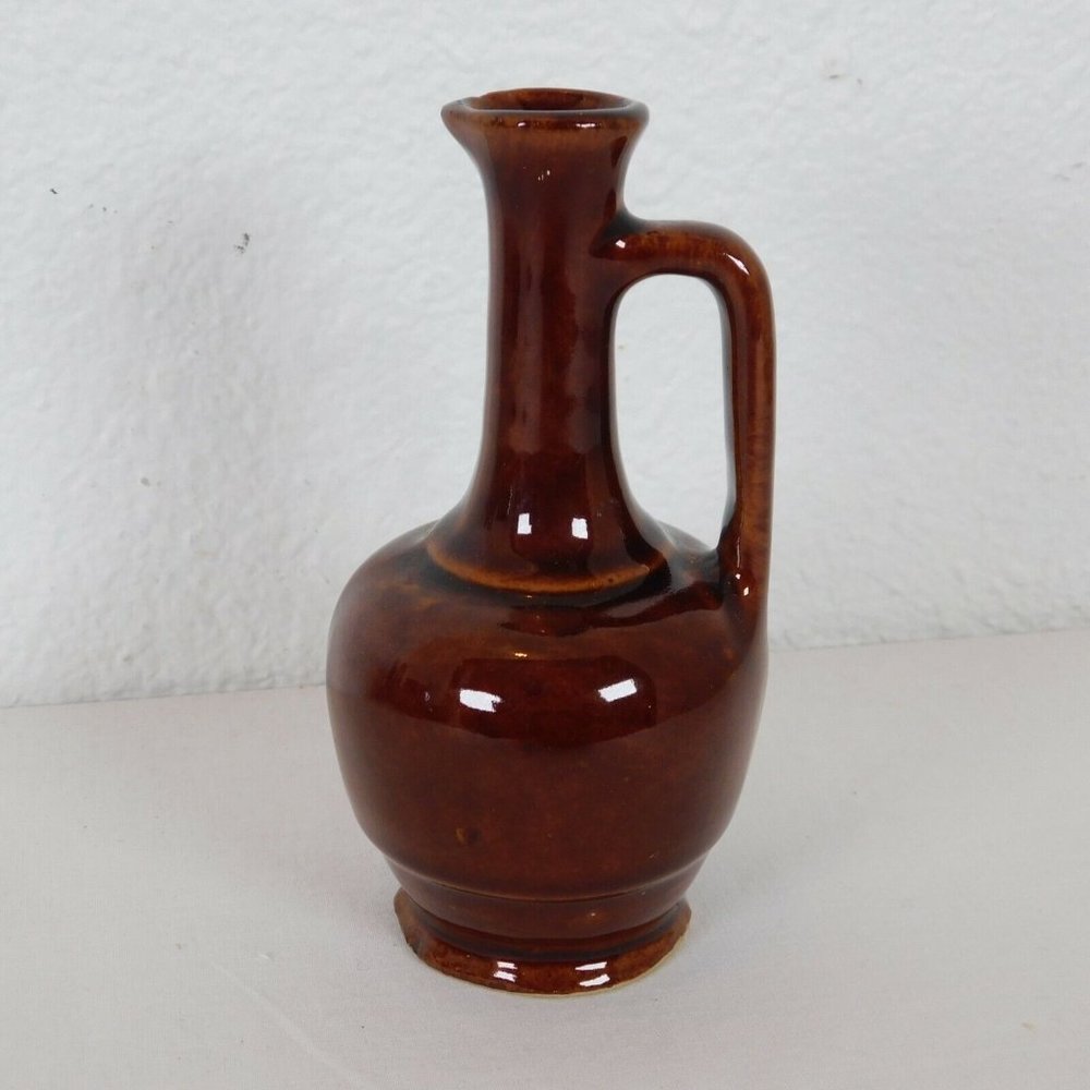 Brown Pottery Bud Vase Hull? Glazed Handle Pour Spout Oil Vinegar Carafe FLAW